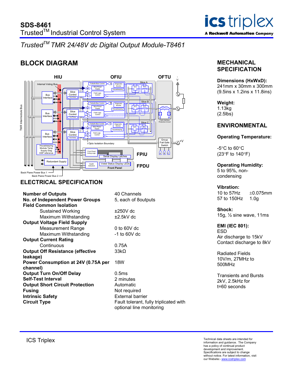 Block diagram, Electrical specification, Sds-8461 trusted | Industrial control system trusted, Ics triplex, Mechanical specification, Environmental, Ofiu hiu fpdu fpiu, Oftu | Rockwell Automation T8461 Trusted TMR 24/48V dc Digital Output Module User Manual | Page 2 / 2