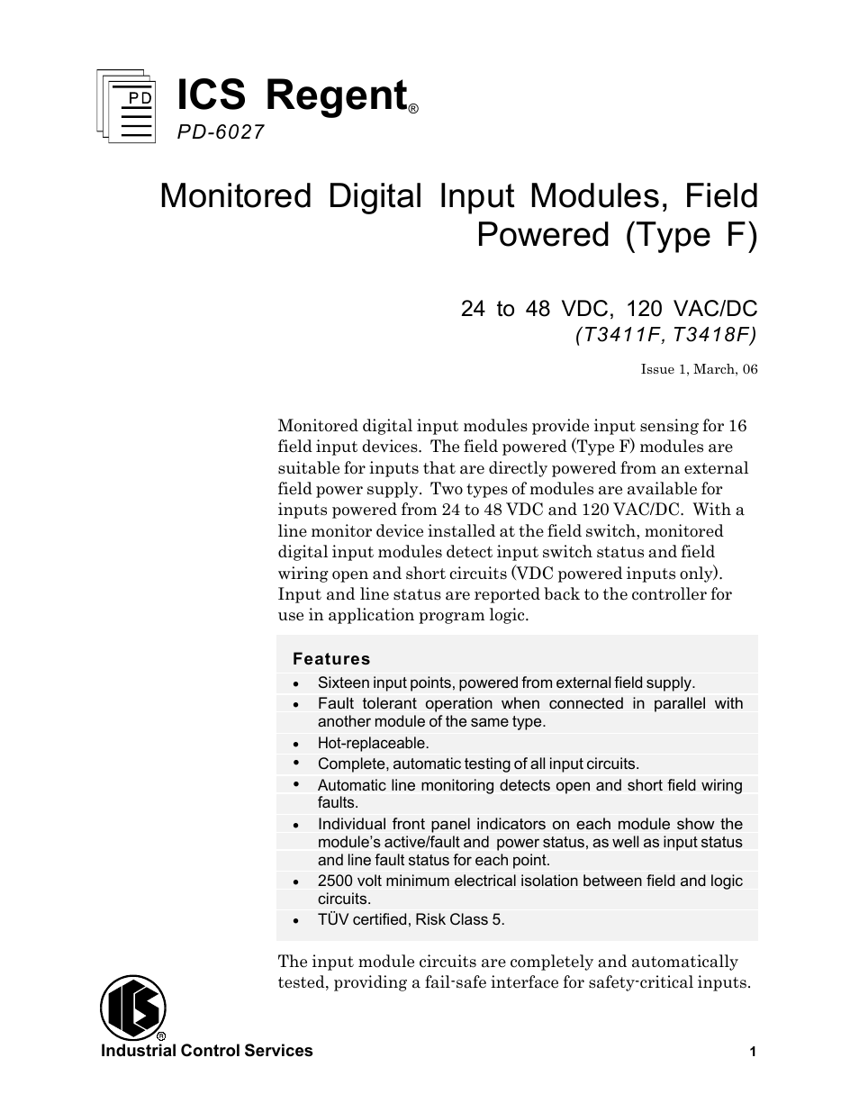Rockwell Automation T3418F ICS Regent Monitored Digital Input Modules, Field Powered (Type F) User Manual | 27 pages