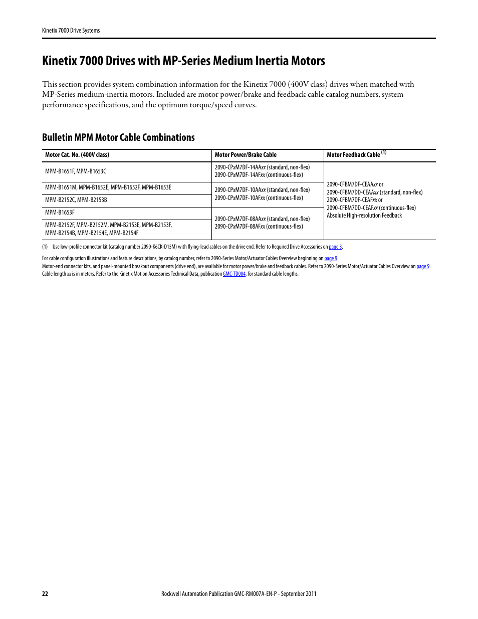 Kinetix 7000 (400v) with mpm, Bulletin mpm motor cable combinations | Rockwell Automation 2099-BMxx-S Kinetix 7000 Drive Systems Design Guide User Manual | Page 22 / 32