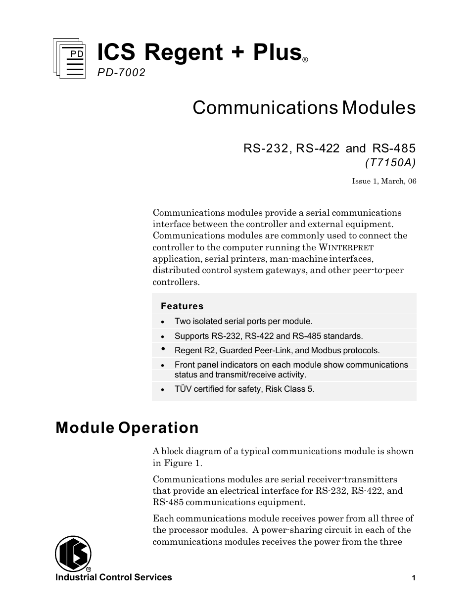 Rockwell Automation T7150A Regent+Plus Communications Modules RS-232, RS-422 and RS-485 User Manual | 21 pages