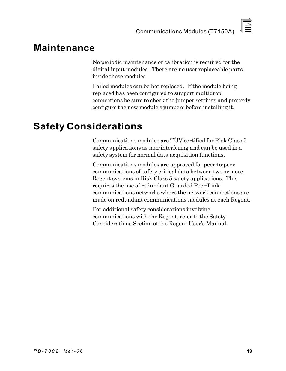 Maintenance, Safety considerations | Rockwell Automation T7150A Regent+Plus Communications Modules RS-232, RS-422 and RS-485 User Manual | Page 19 / 21