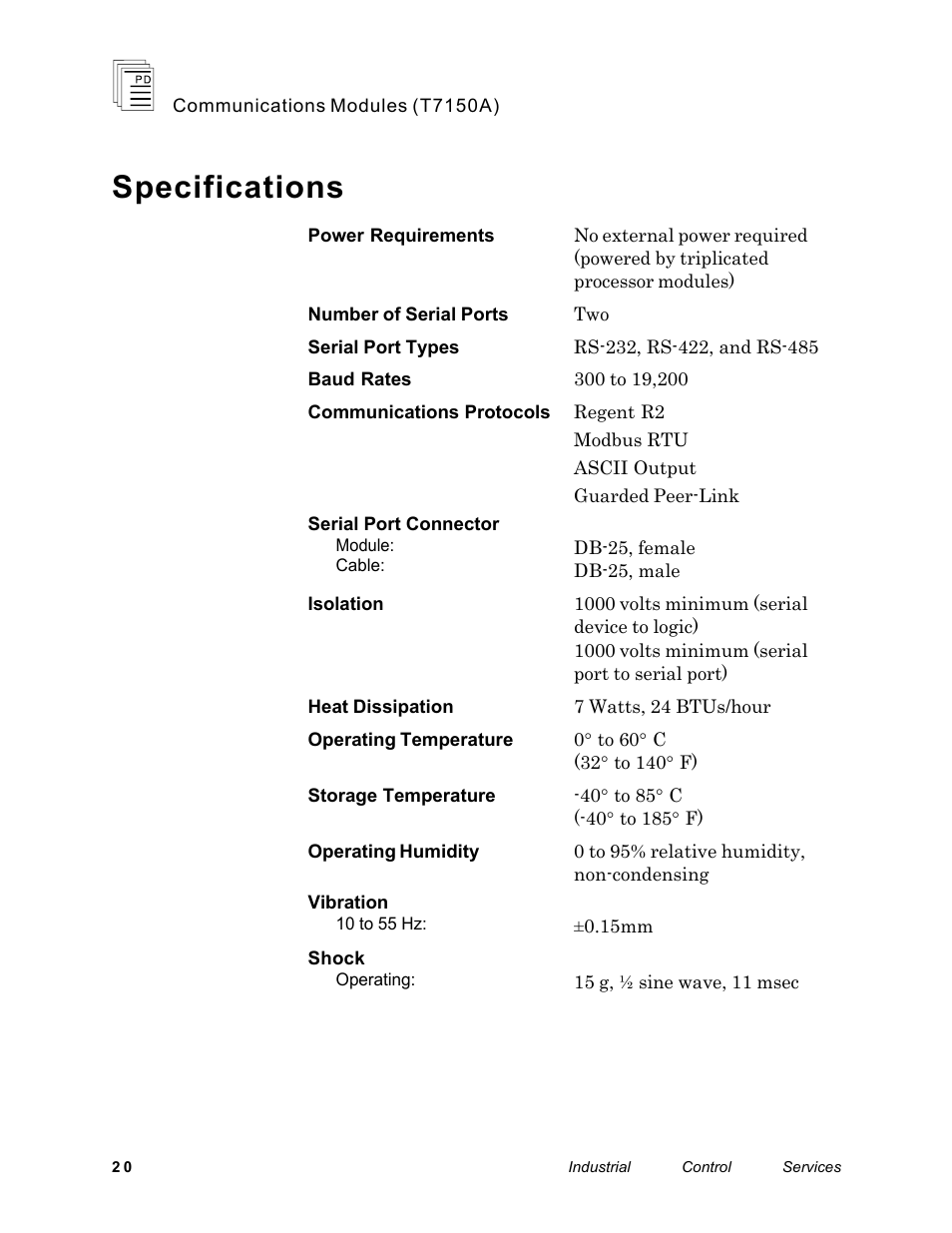 Specifications | Rockwell Automation T7150A Regent+Plus Communications Modules RS-232, RS-422 and RS-485 User Manual | Page 20 / 21