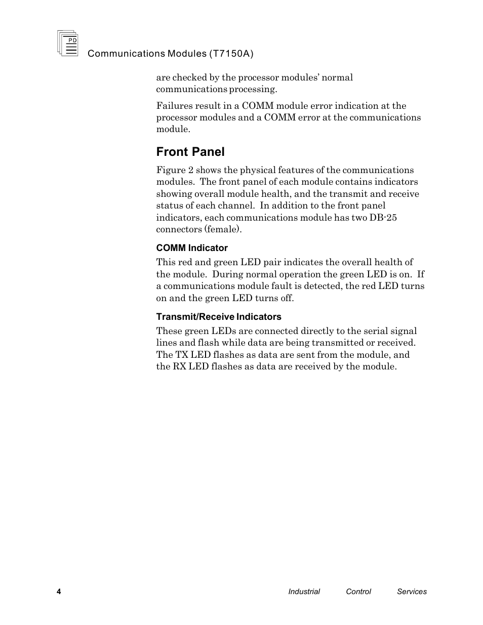 Front panel | Rockwell Automation T7150A Regent+Plus Communications Modules RS-232, RS-422 and RS-485 User Manual | Page 4 / 21