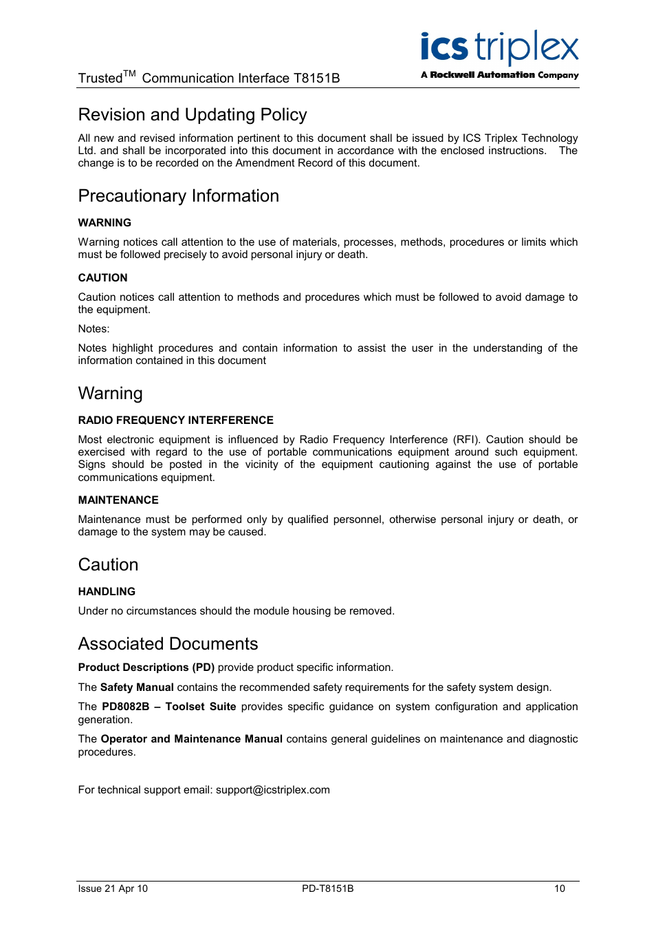 Revision and updating policy, Precautionary information, Warning | Caution, Associated documents | Rockwell Automation T8xxx Trusted Communications Interface User Manual | Page 10 / 68