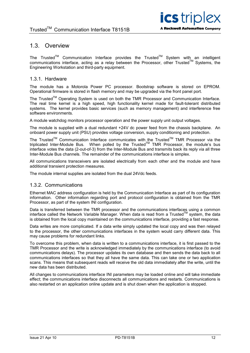 Overview, Trusted, Communication interface t8151b | Hardware, Communications | Rockwell Automation T8xxx Trusted Communications Interface User Manual | Page 12 / 68