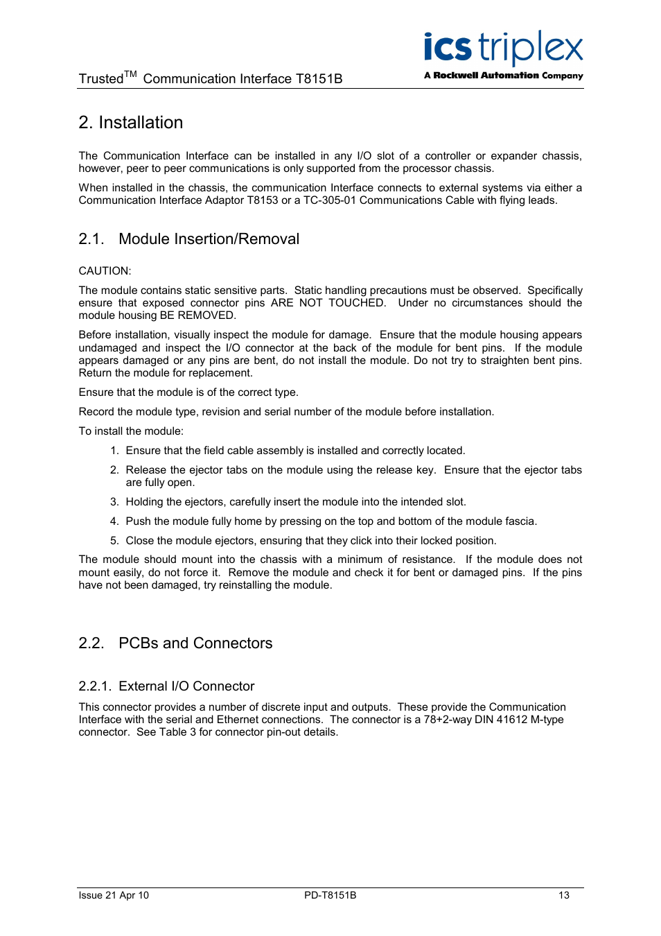 Installation, Module insertion/removal, Pcbs and connectors | Rockwell Automation T8xxx Trusted Communications Interface User Manual | Page 13 / 68