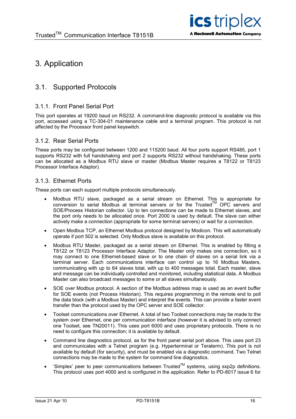 Application, Supported protocols | Rockwell Automation T8xxx Trusted Communications Interface User Manual | Page 16 / 68