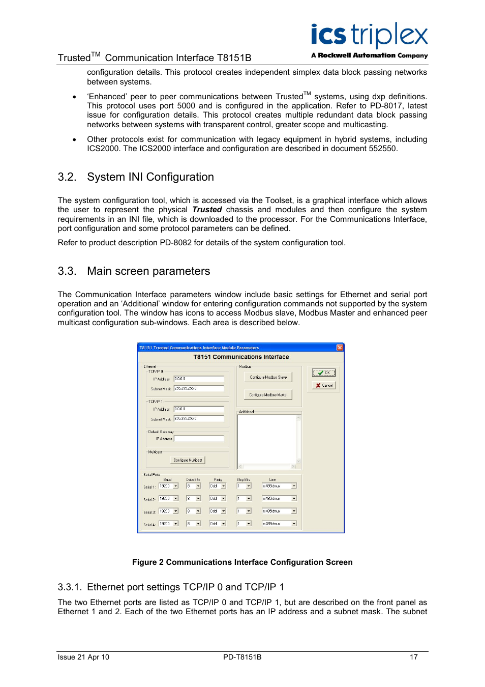 System ini configuration, Main screen parameters | Rockwell Automation T8xxx Trusted Communications Interface User Manual | Page 17 / 68