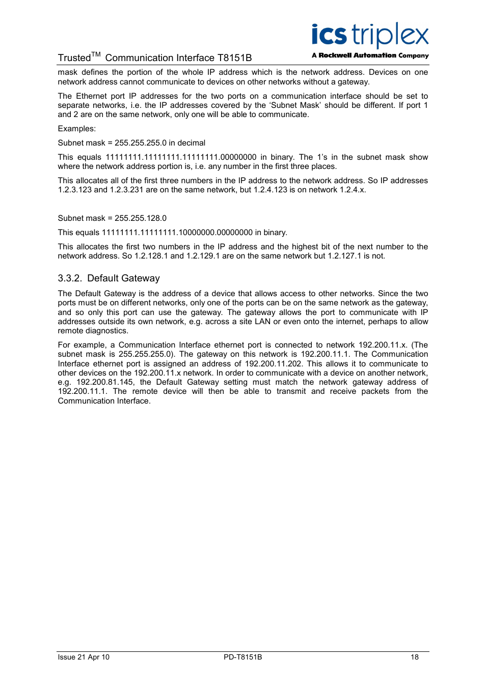 Trusted, Communication interface t8151b, Default gateway | Rockwell Automation T8xxx Trusted Communications Interface User Manual | Page 18 / 68