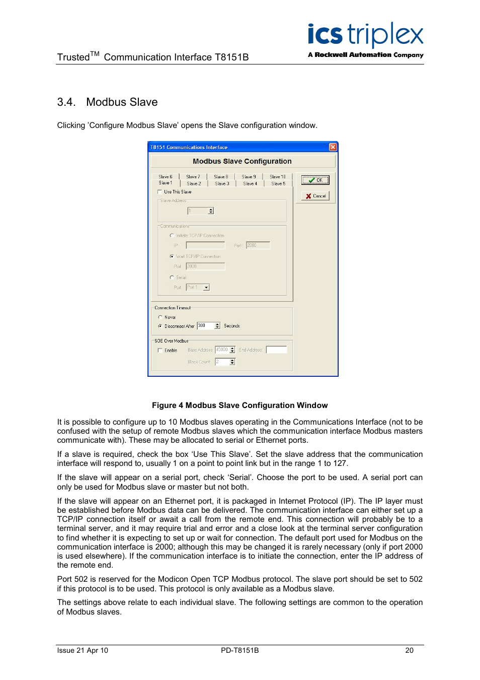 Modbus slave | Rockwell Automation T8xxx Trusted Communications Interface User Manual | Page 20 / 68