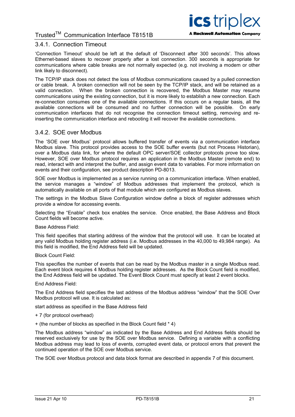 Trusted, Communication interface t8151b, Connection timeout | Soe over modbus | Rockwell Automation T8xxx Trusted Communications Interface User Manual | Page 21 / 68