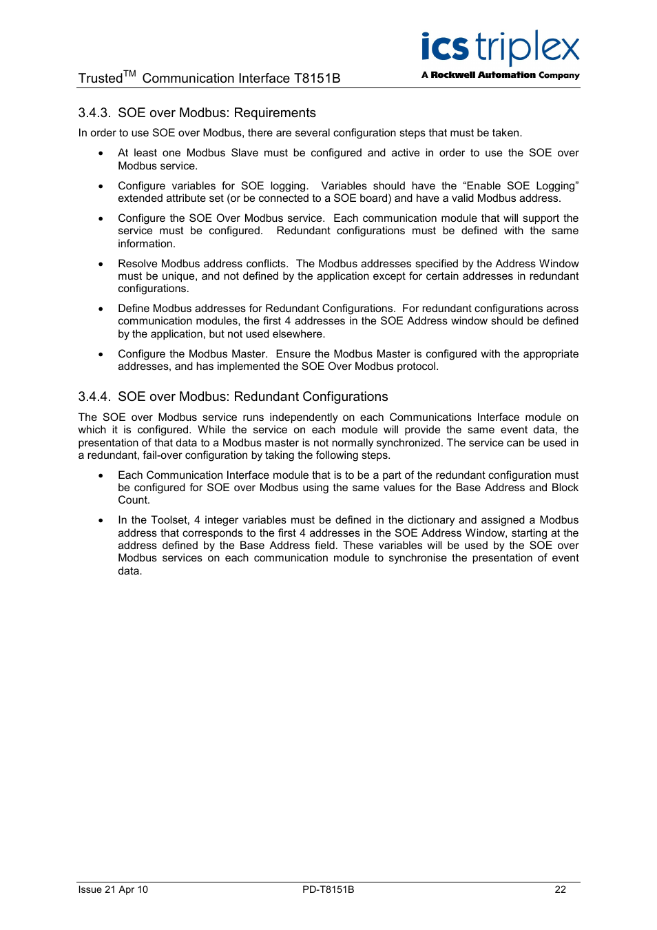 Trusted, Communication interface t8151b, Soe over modbus: requirements | Soe over modbus: redundant configurations | Rockwell Automation T8xxx Trusted Communications Interface User Manual | Page 22 / 68
