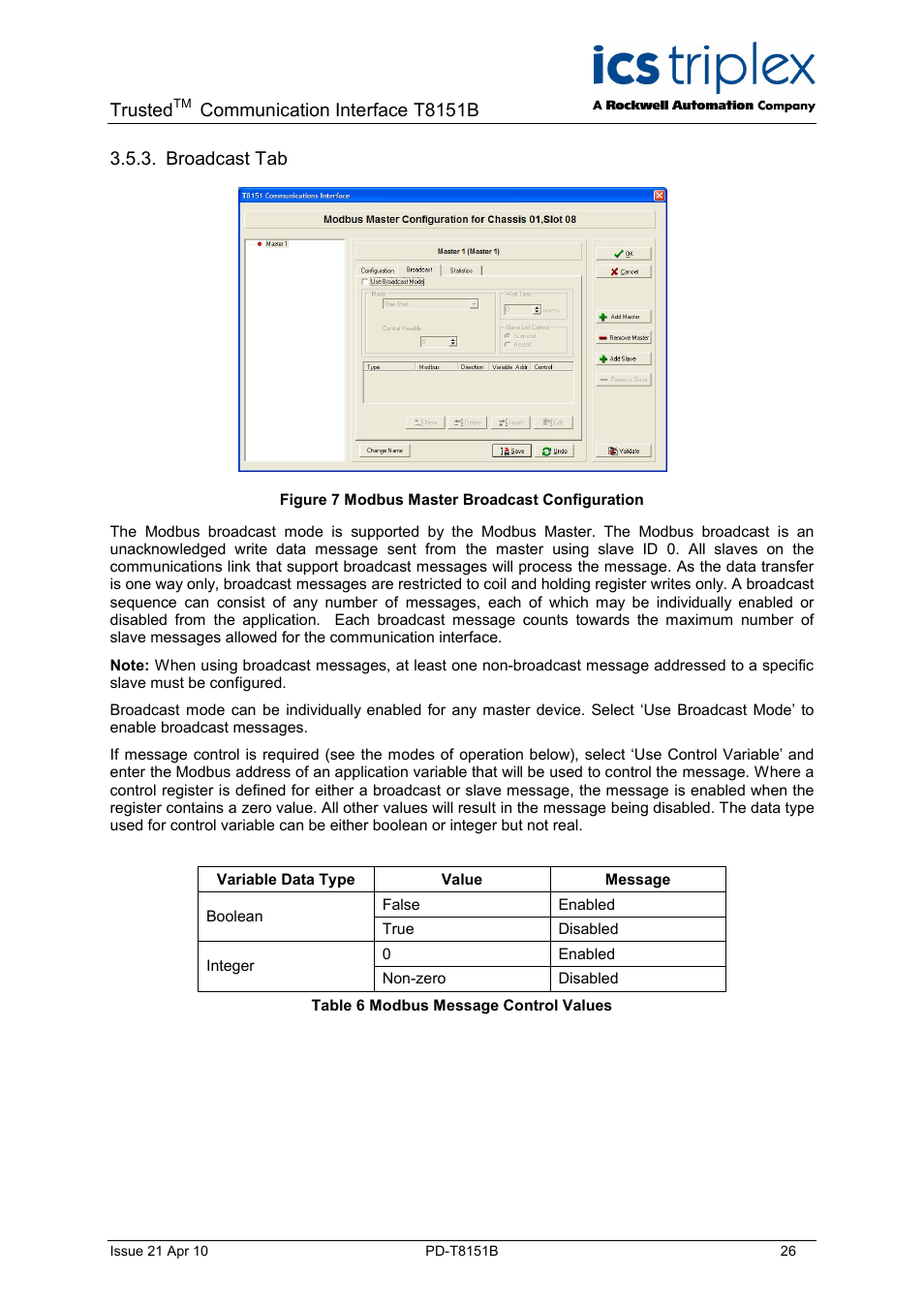 Trusted, Communication interface t8151b, Broadcast tab | Rockwell Automation T8xxx Trusted Communications Interface User Manual | Page 26 / 68