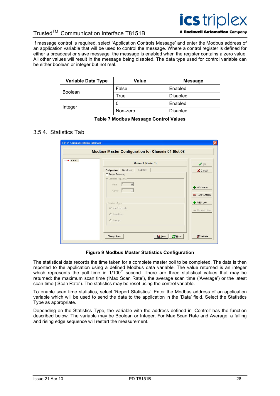 Trusted, Communication interface t8151b, Statistics tab | Rockwell Automation T8xxx Trusted Communications Interface User Manual | Page 28 / 68