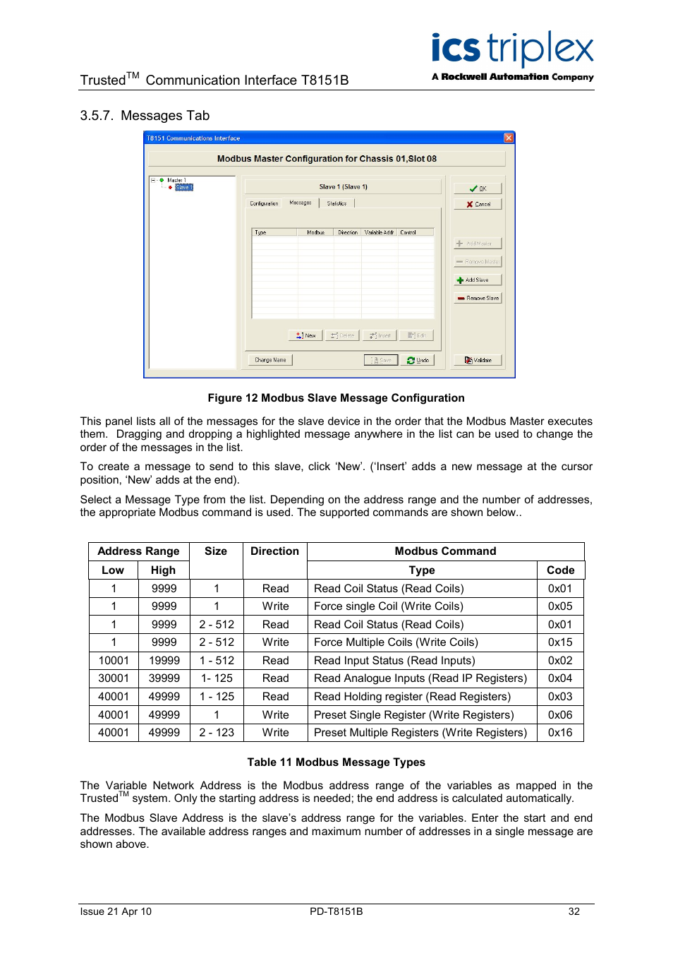 Trusted, Communication interface t8151b, Messages tab | Rockwell Automation T8xxx Trusted Communications Interface User Manual | Page 32 / 68