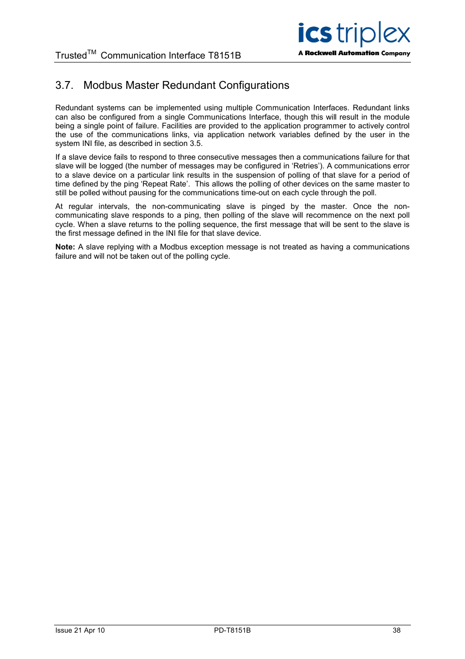 Modbus master redundant configurations | Rockwell Automation T8xxx Trusted Communications Interface User Manual | Page 38 / 68