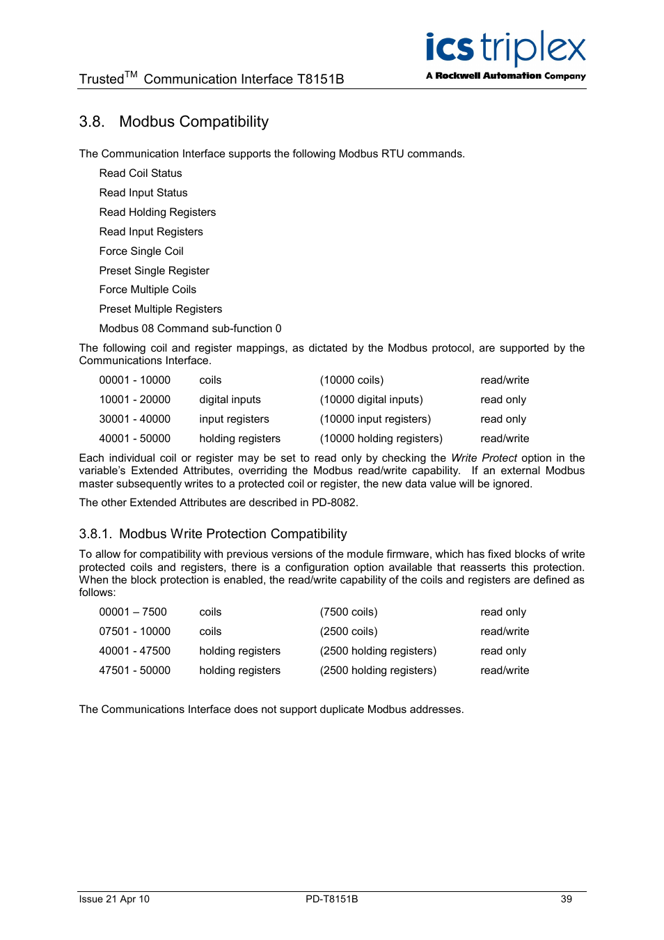 Modbus compatibility, Trusted, Communication interface t8151b | Modbus write protection compatibility | Rockwell Automation T8xxx Trusted Communications Interface User Manual | Page 39 / 68