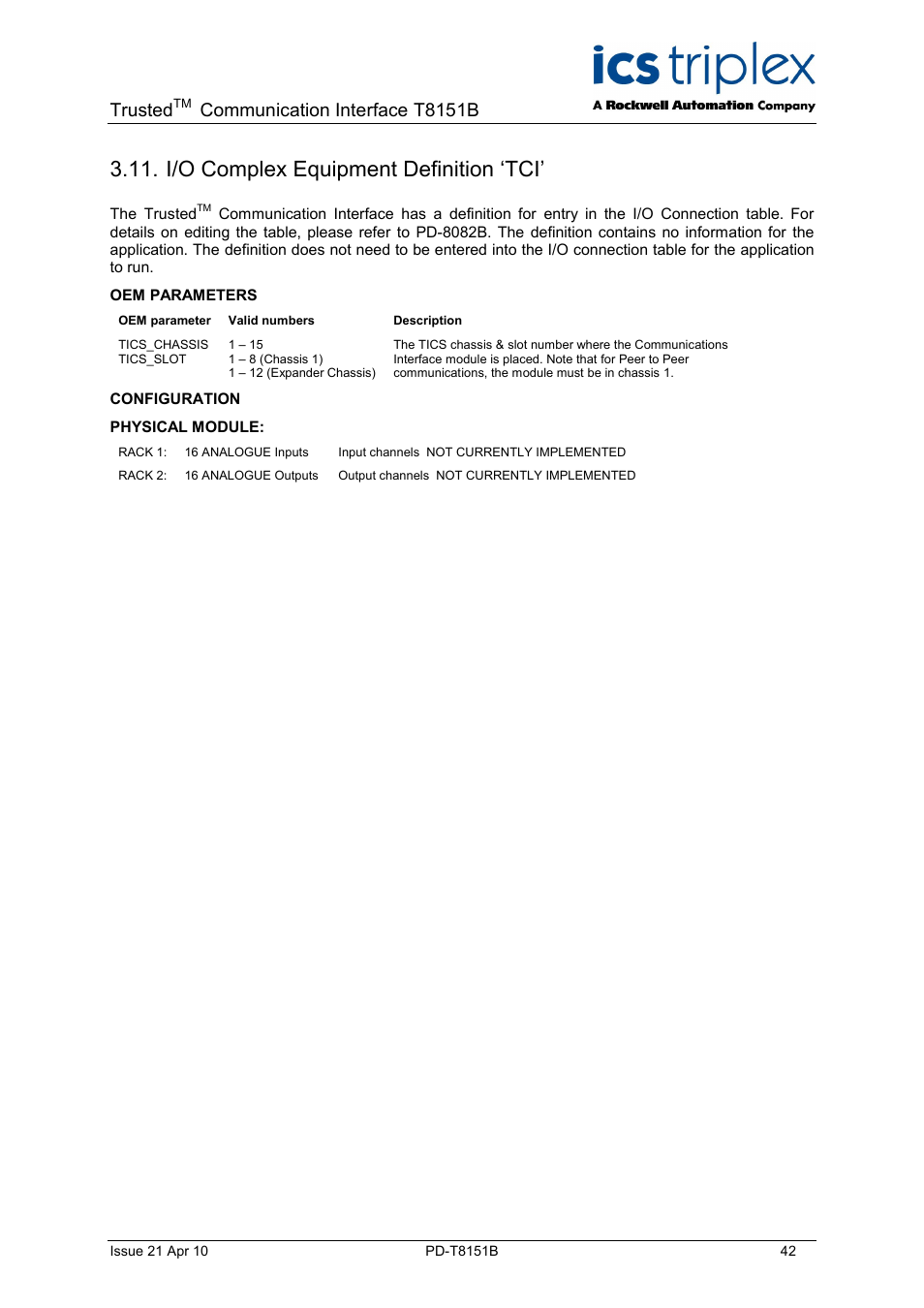 I/o complex equipment definition ‘tci, Trusted, Communication interface t8151b | Rockwell Automation T8xxx Trusted Communications Interface User Manual | Page 42 / 68