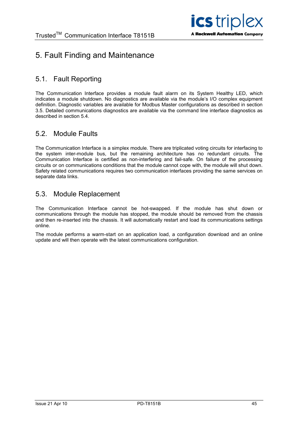 Fault finding and maintenance, Fault reporting, Module faults | Module replacement | Rockwell Automation T8xxx Trusted Communications Interface User Manual | Page 45 / 68