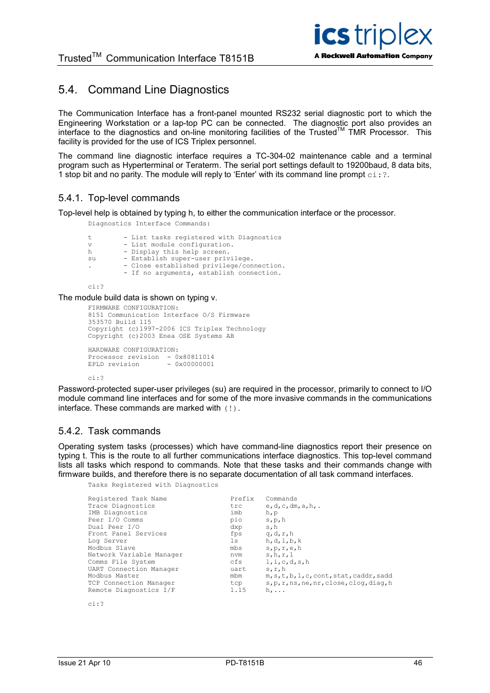 Command line diagnostics, Trusted, Communication interface t8151b | Top-level commands, Task commands | Rockwell Automation T8xxx Trusted Communications Interface User Manual | Page 46 / 68