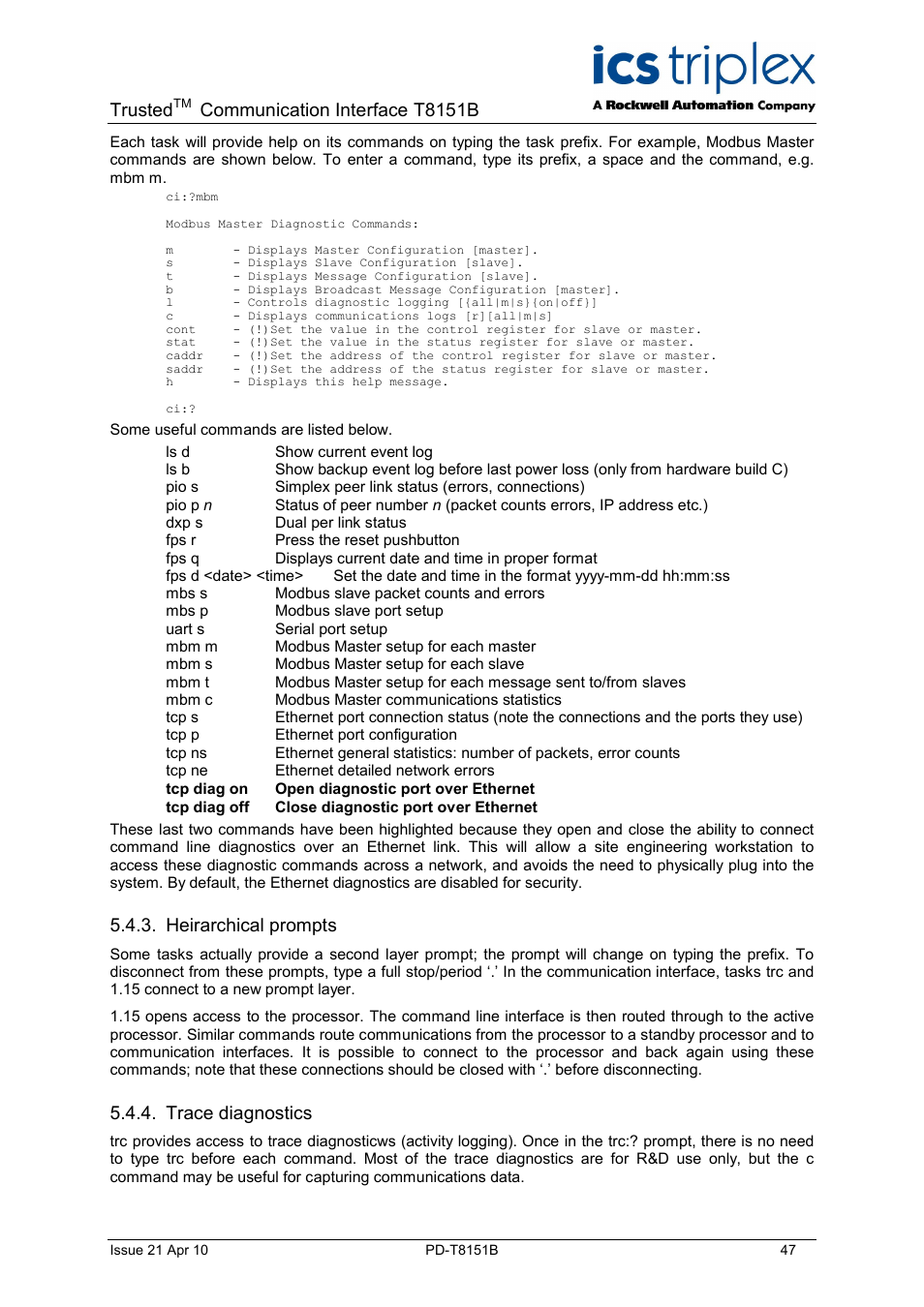 Trusted, Communication interface t8151b, Heirarchical prompts | Trace diagnostics | Rockwell Automation T8xxx Trusted Communications Interface User Manual | Page 47 / 68