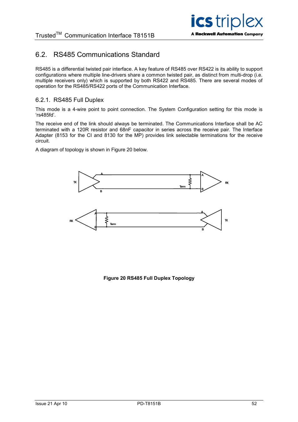 Rs485 communications standard, Trusted, Communication interface t8151b | Rs485 full duplex | Rockwell Automation T8xxx Trusted Communications Interface User Manual | Page 52 / 68