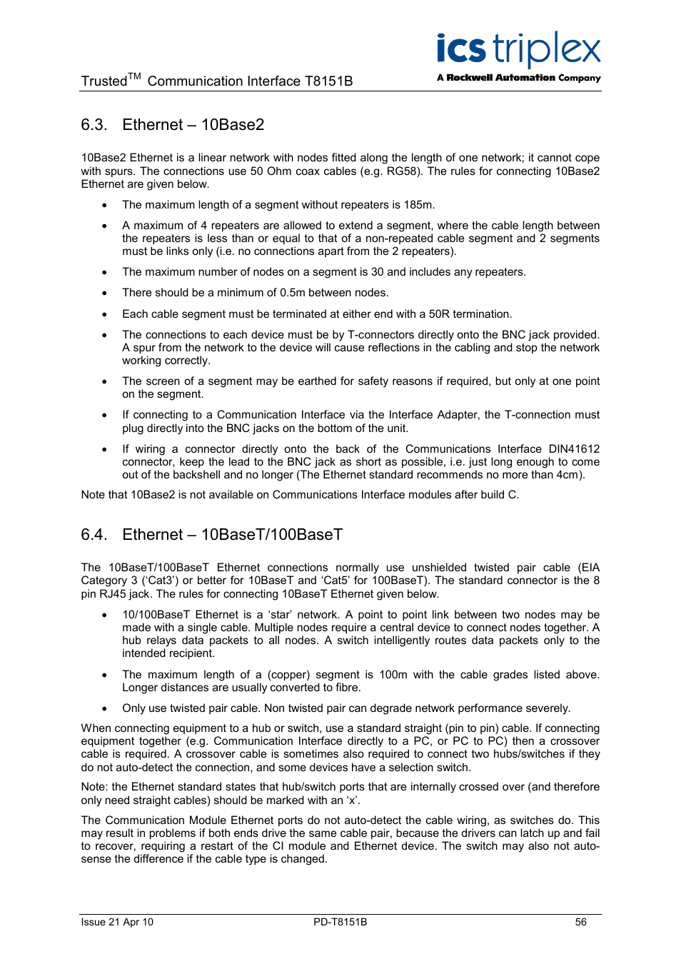 Ethernet – 10base2, Trusted, Communication interface t8151b | Rockwell Automation T8xxx Trusted Communications Interface User Manual | Page 56 / 68