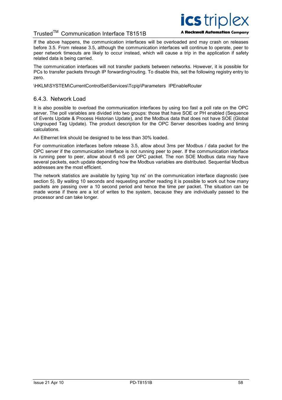 Trusted, Communication interface t8151b, Network load | Rockwell Automation T8xxx Trusted Communications Interface User Manual | Page 58 / 68