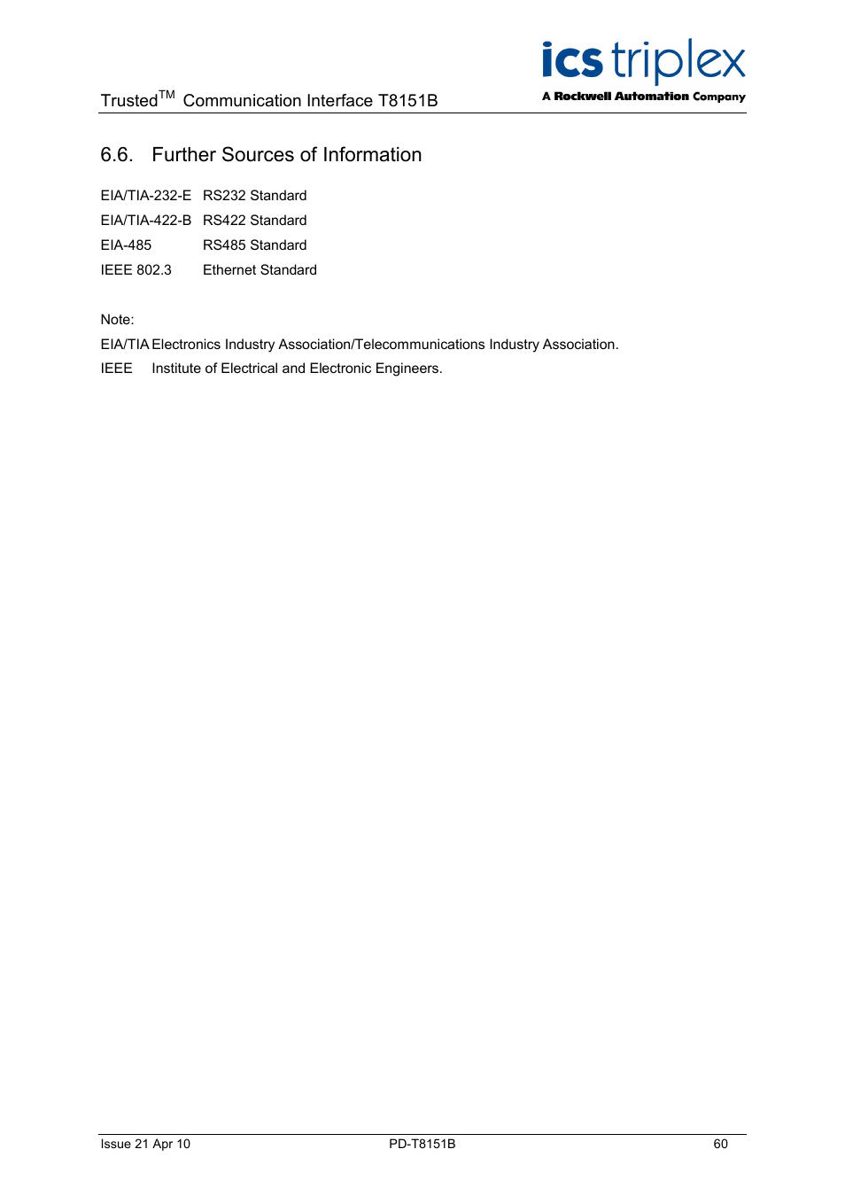 Further sources of information, Trusted, Communication interface t8151b | Rockwell Automation T8xxx Trusted Communications Interface User Manual | Page 60 / 68