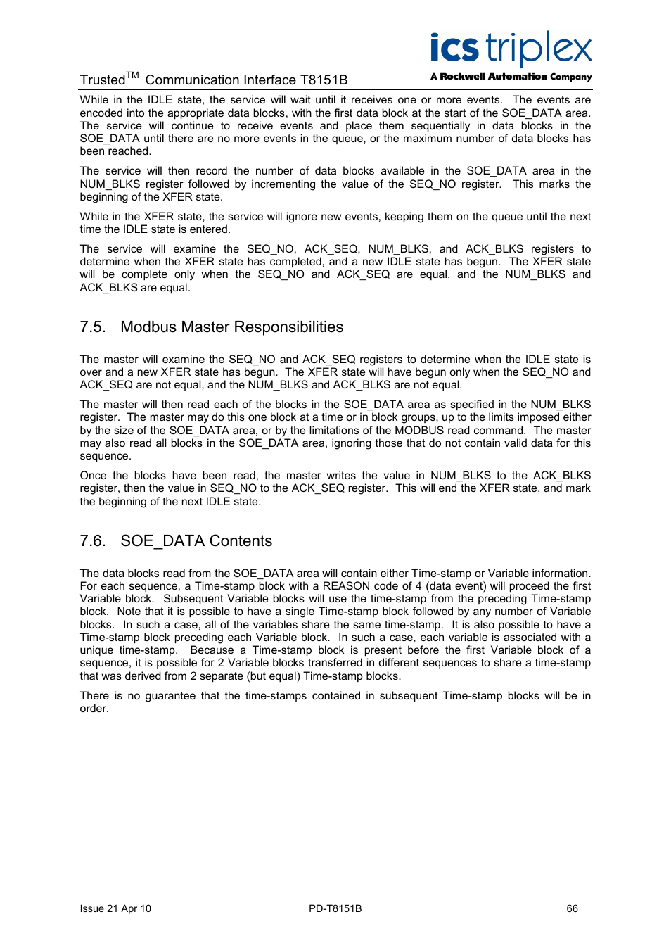 Modbus master responsibilities, Soe_data contents | Rockwell Automation T8xxx Trusted Communications Interface User Manual | Page 66 / 68