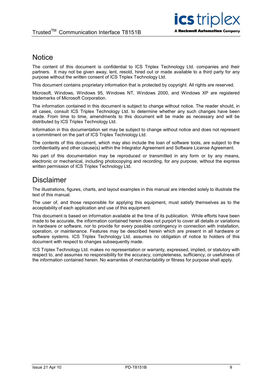 Notice, Disclaimer | Rockwell Automation T8xxx Trusted Communications Interface User Manual | Page 9 / 68