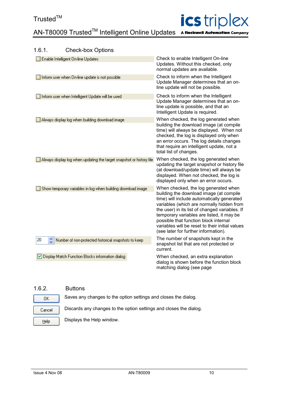 Check-box options, Buttons, Trusted | Intelligent online updates | Rockwell Automation T8xxx Application Note Trusted Intelligent Online Updates User Manual | Page 10 / 26