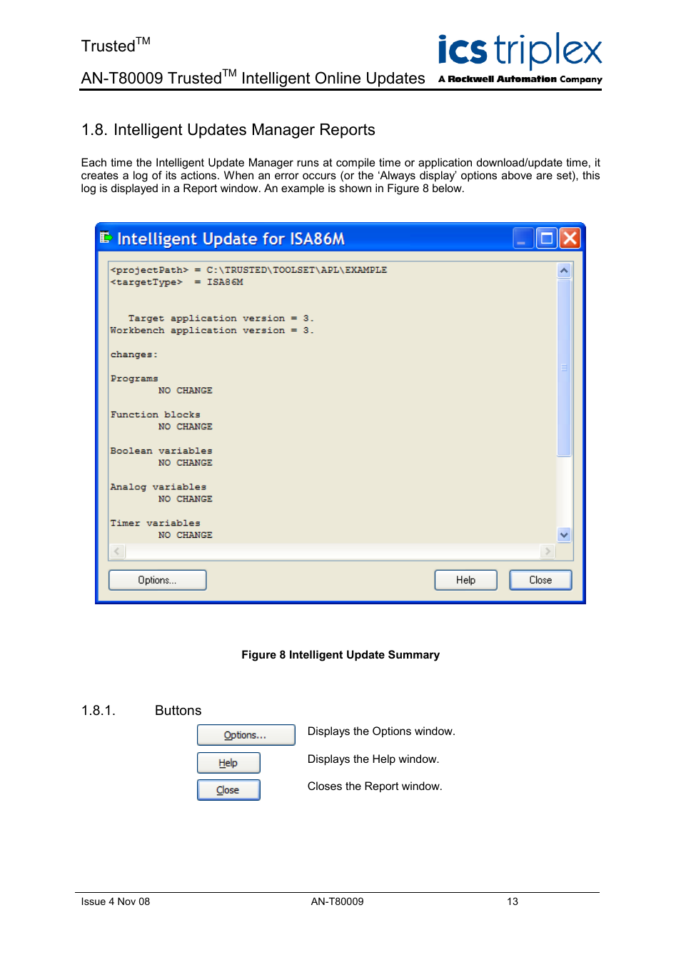Intelligent updates manager reports, Buttons, Trusted | Intelligent online updates | Rockwell Automation T8xxx Application Note Trusted Intelligent Online Updates User Manual | Page 13 / 26