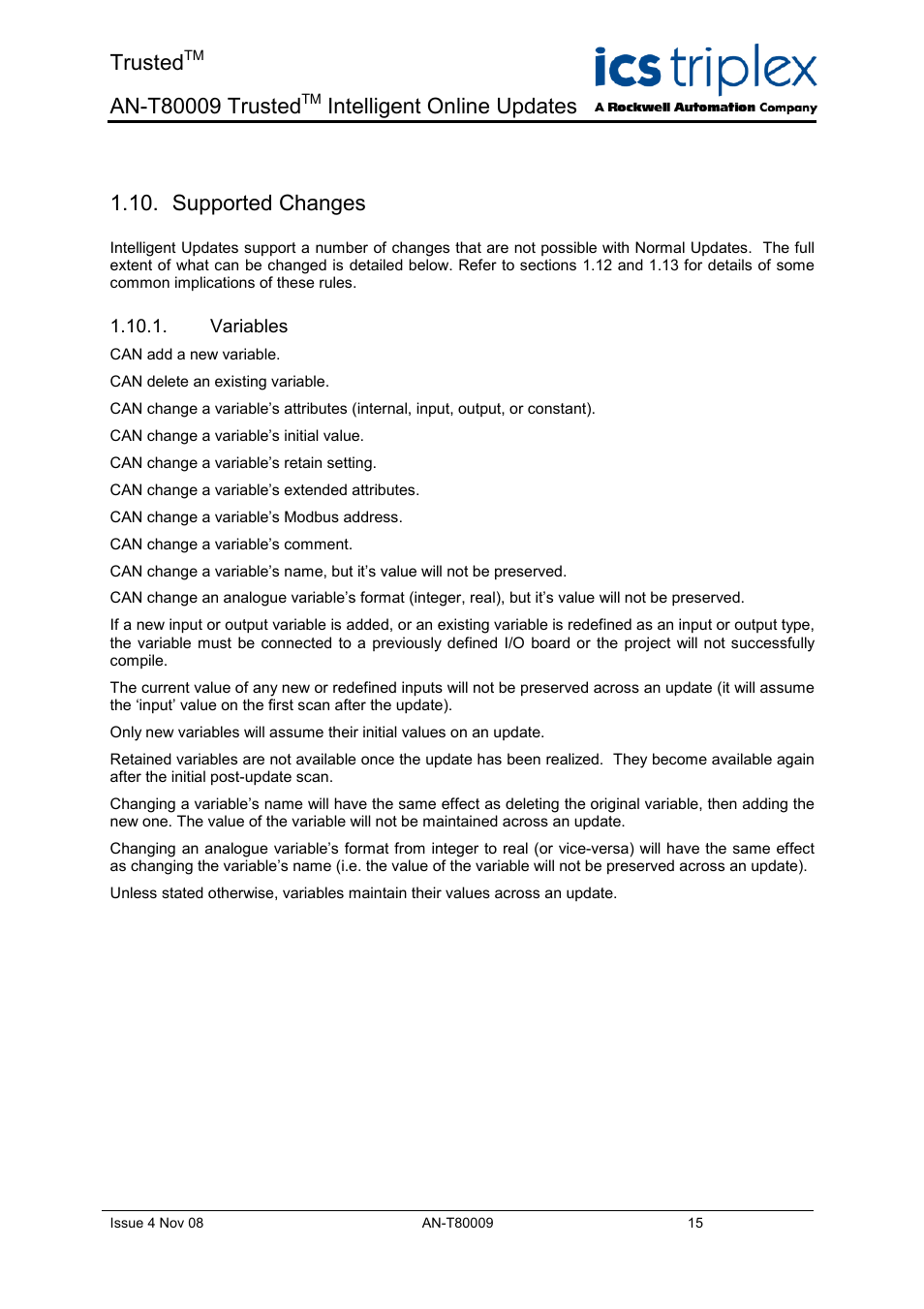 Supported changes, Variables, 10 a | Trusted, Intelligent online updates | Rockwell Automation T8xxx Application Note Trusted Intelligent Online Updates User Manual | Page 15 / 26