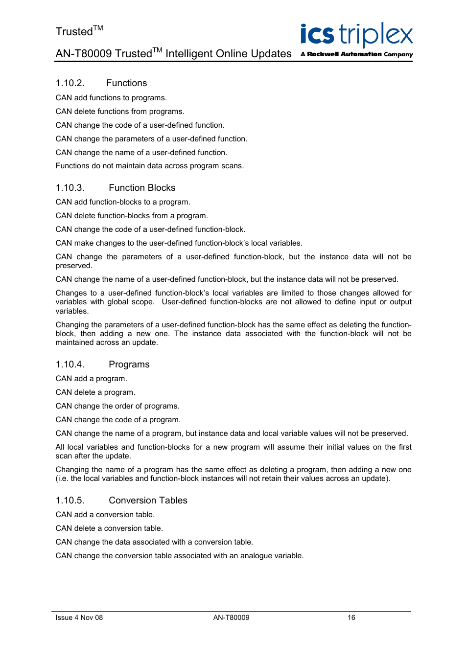 Functions, Function blocks, Programs | Conversion tables, Trusted, Intelligent online updates | Rockwell Automation T8xxx Application Note Trusted Intelligent Online Updates User Manual | Page 16 / 26