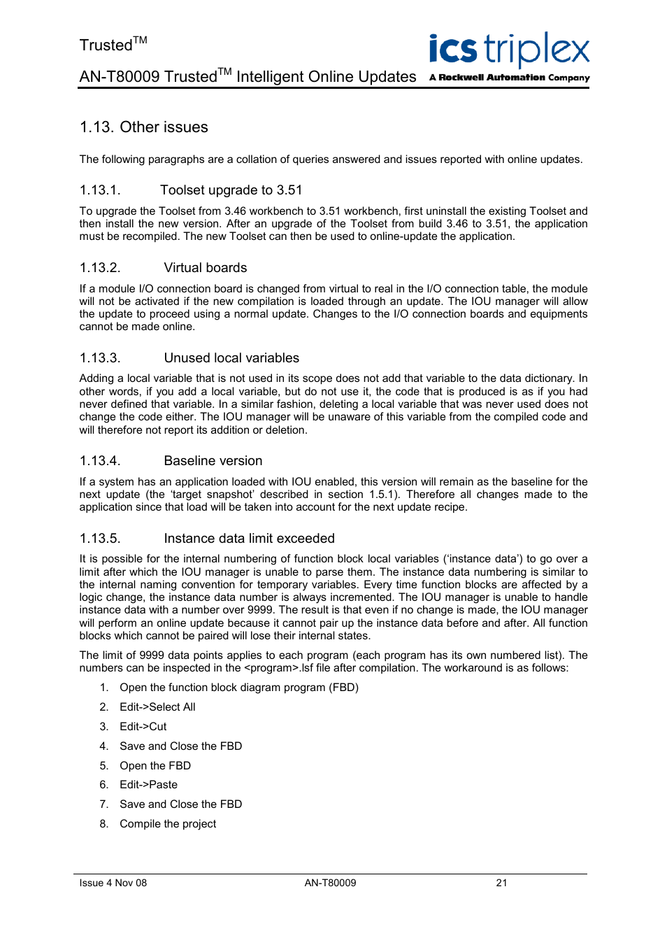 Other issues, Toolset upgrade to 3.51, Virtual boards | Unused local variables, Baseline version, Instance data limit exceeded, D 1.13 o, Trusted, Intelligent online updates | Rockwell Automation T8xxx Application Note Trusted Intelligent Online Updates User Manual | Page 21 / 26