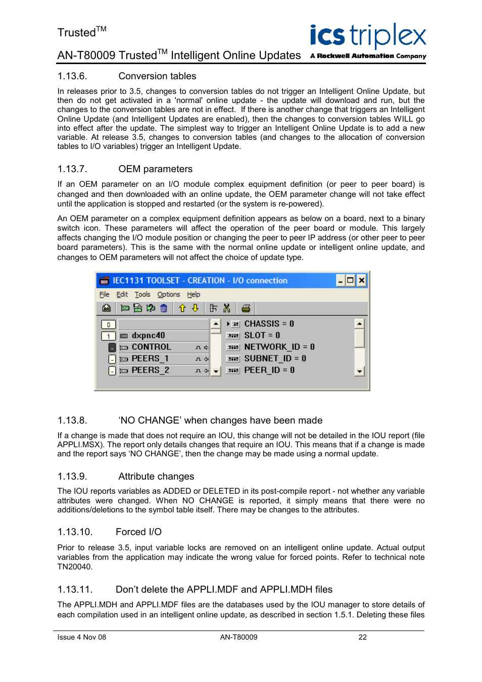 Conversion tables, Oem parameters, No change’ when changes have been made | Attribute changes, Forced i/o, Don’t delete the appli.mdf and appli.mdh files, Trusted, Intelligent online updates | Rockwell Automation T8xxx Application Note Trusted Intelligent Online Updates User Manual | Page 22 / 26