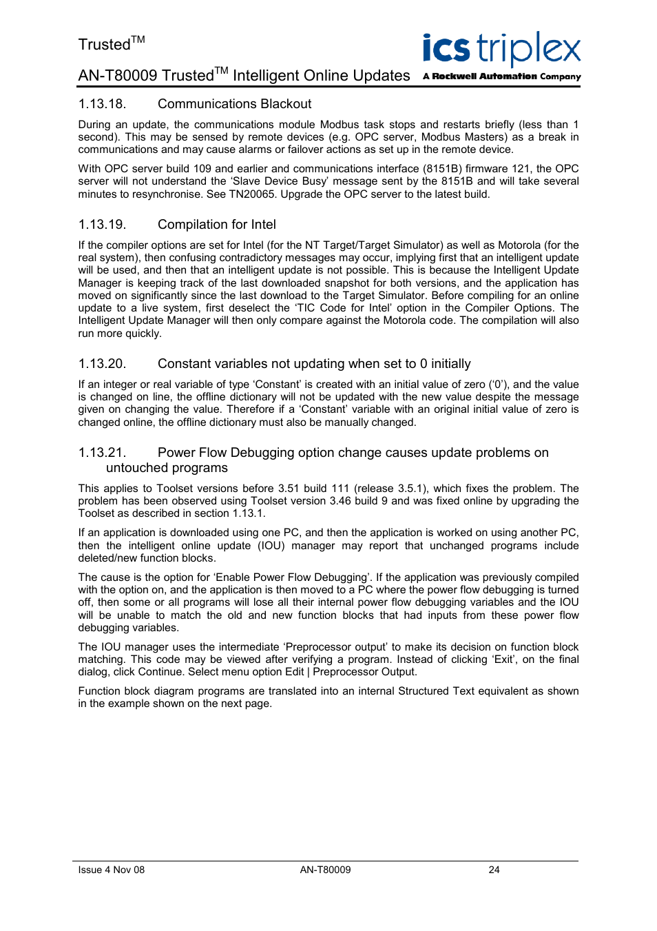 Communications blackout, Compilation for intel, Trusted | Intelligent online updates | Rockwell Automation T8xxx Application Note Trusted Intelligent Online Updates User Manual | Page 24 / 26