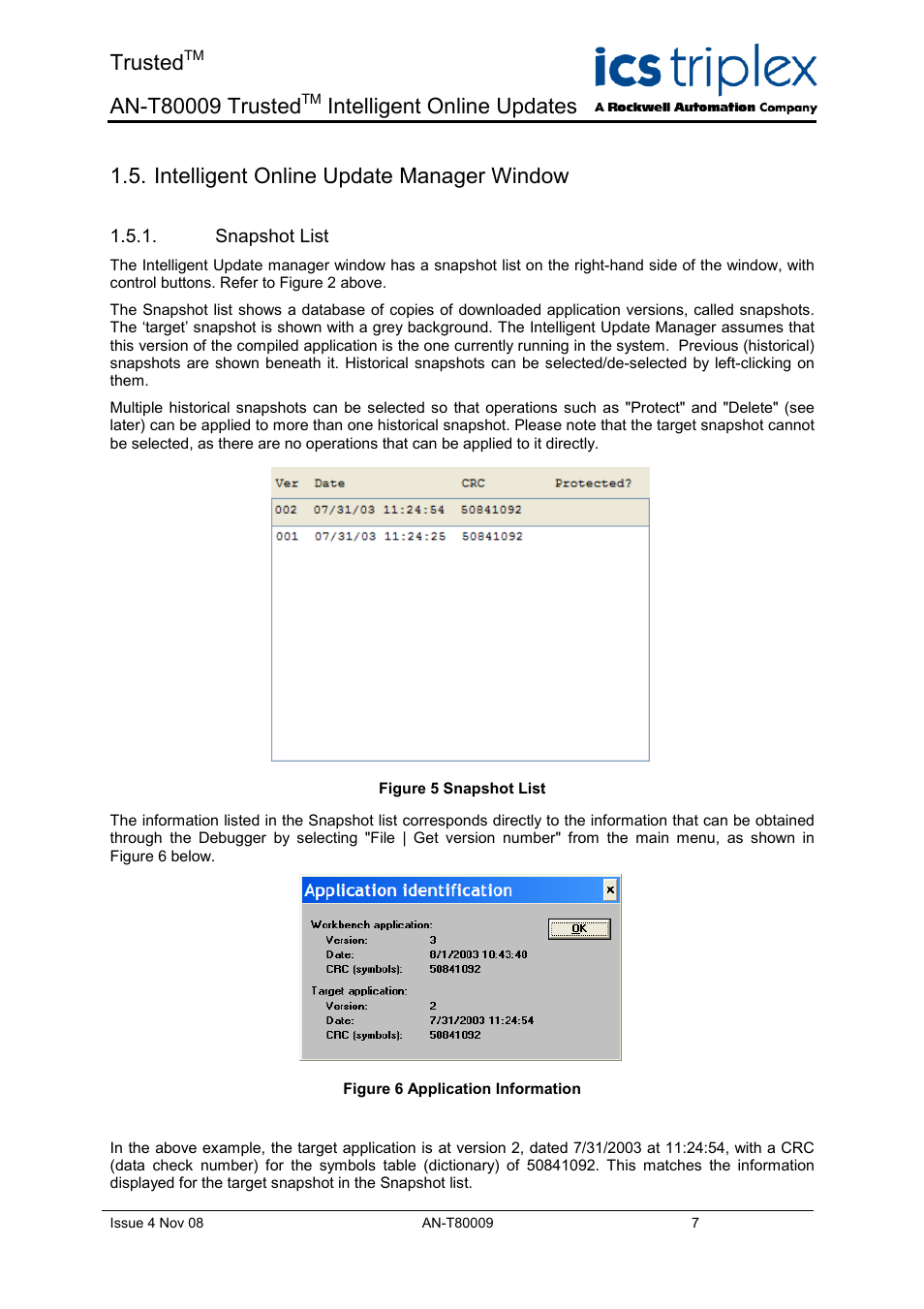 Intelligent online update manager window, Snapshot list, Trusted | Intelligent online updates | Rockwell Automation T8xxx Application Note Trusted Intelligent Online Updates User Manual | Page 7 / 26