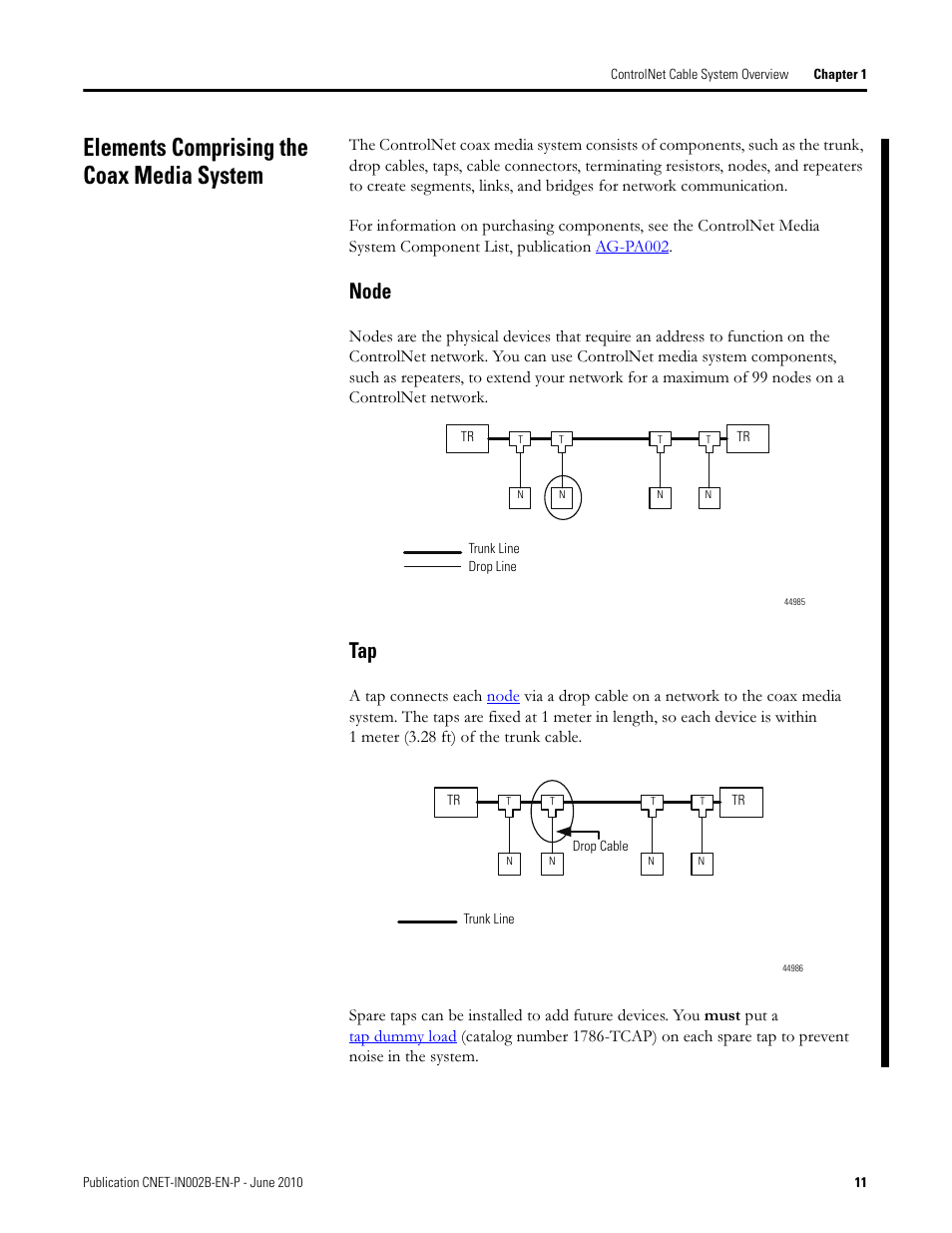 Elements comprising the coax media system, Chapter 1, Node | Rockwell Automation 1786-series ControlNet Coax Media Planning and Installation Guide User Manual | Page 11 / 80