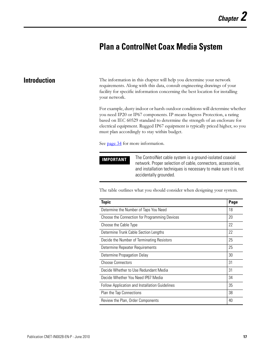 Plan a controlnet coax media system, Introduction, Chapter 2 | Chapter | Rockwell Automation 1786-series ControlNet Coax Media Planning and Installation Guide User Manual | Page 17 / 80