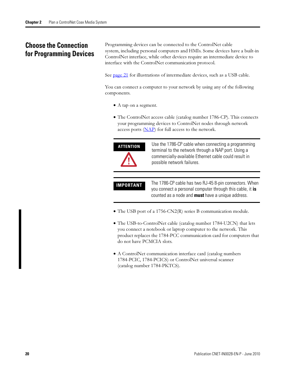 Choose the connection for programming devices | Rockwell Automation 1786-series ControlNet Coax Media Planning and Installation Guide User Manual | Page 20 / 80