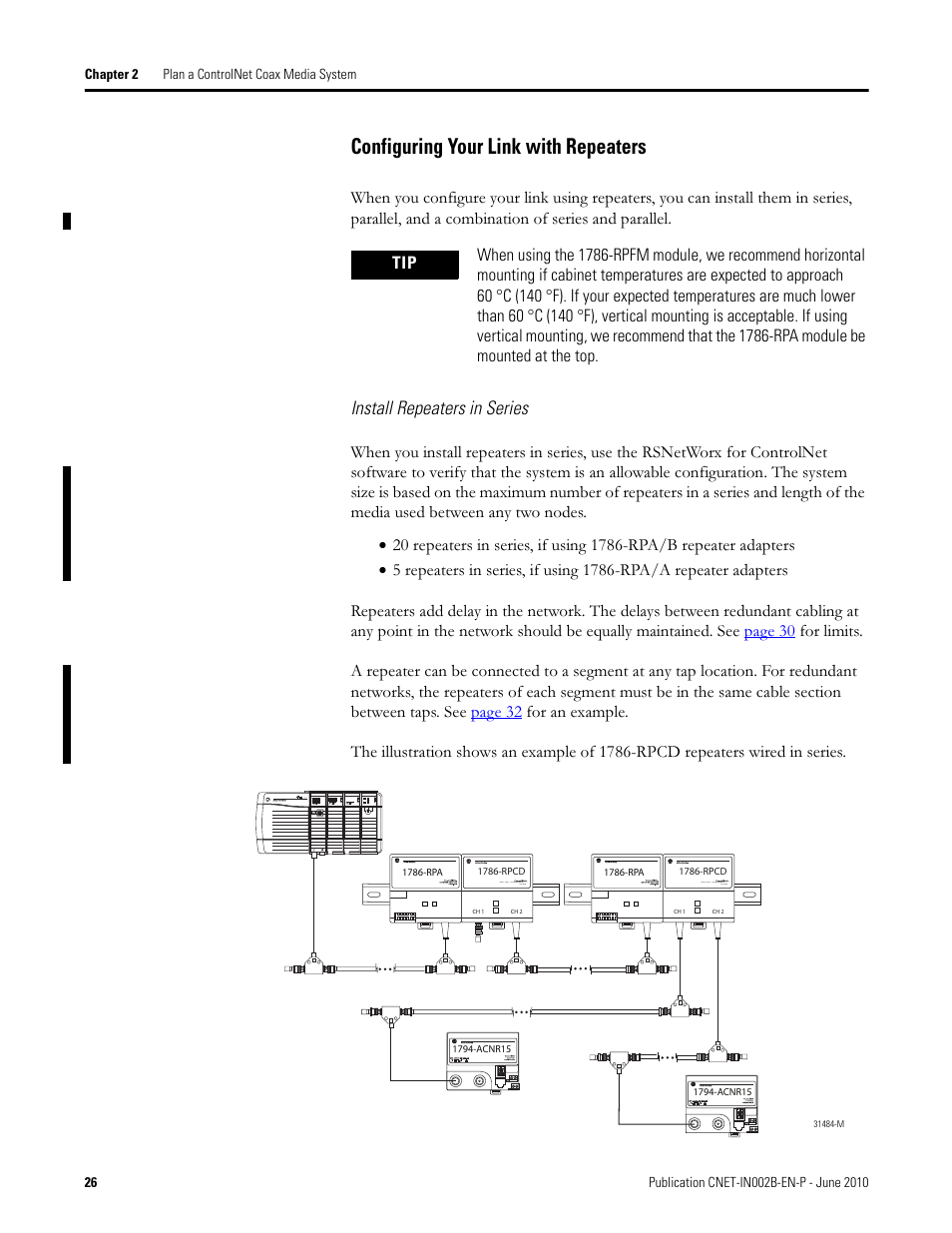 Chapter 2, Configuring your link with repeaters, Install repeaters in series | Rockwell Automation 1786-series ControlNet Coax Media Planning and Installation Guide User Manual | Page 26 / 80