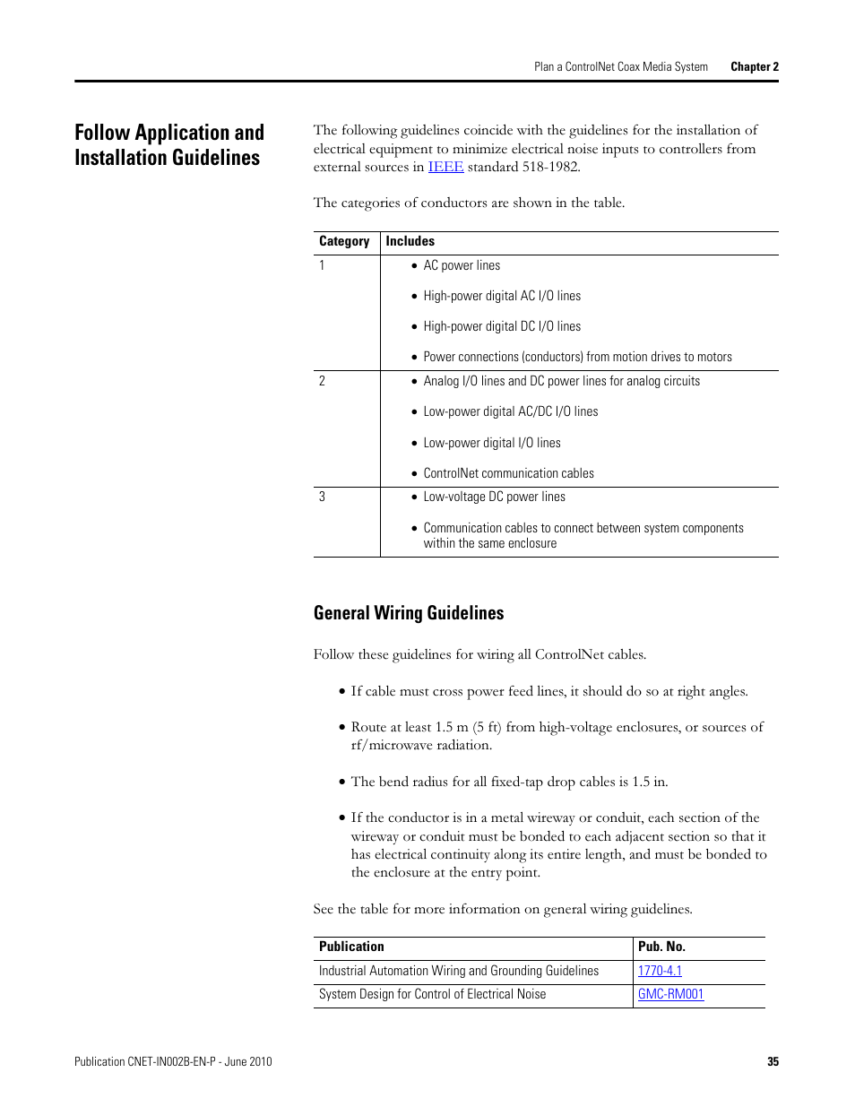 Follow application and installation guidelines, General wiring guidelines | Rockwell Automation 1786-series ControlNet Coax Media Planning and Installation Guide User Manual | Page 35 / 80