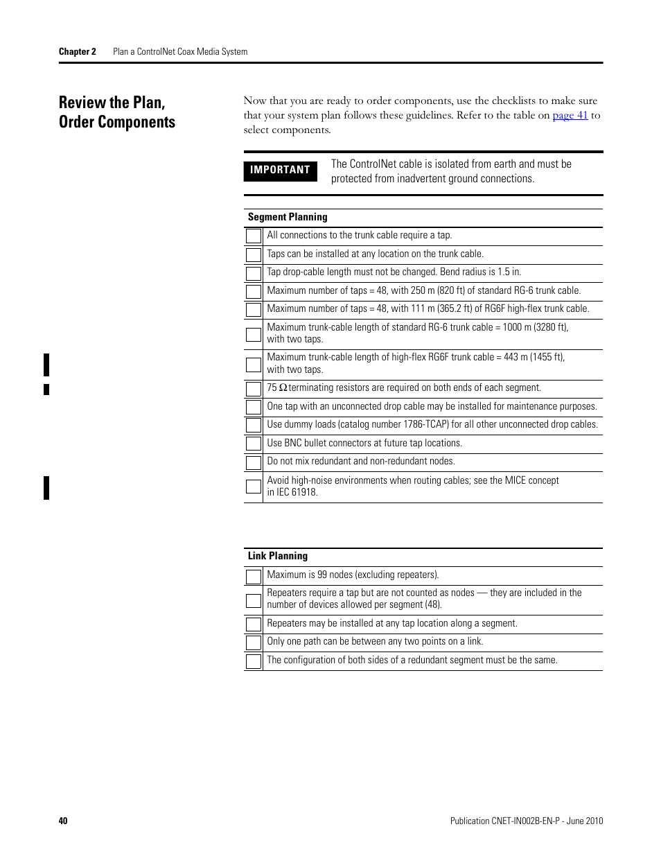 Review the plan, order components | Rockwell Automation 1786-series ControlNet Coax Media Planning and Installation Guide User Manual | Page 40 / 80