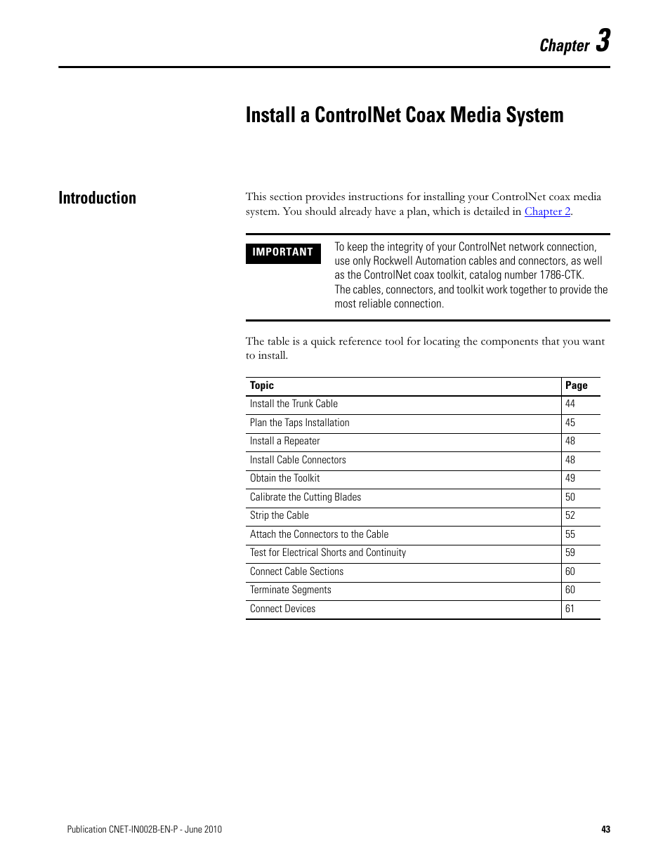 Install a controlnet coax media system, Introduction, Chapter 3 | Chapter | Rockwell Automation 1786-series ControlNet Coax Media Planning and Installation Guide User Manual | Page 43 / 80