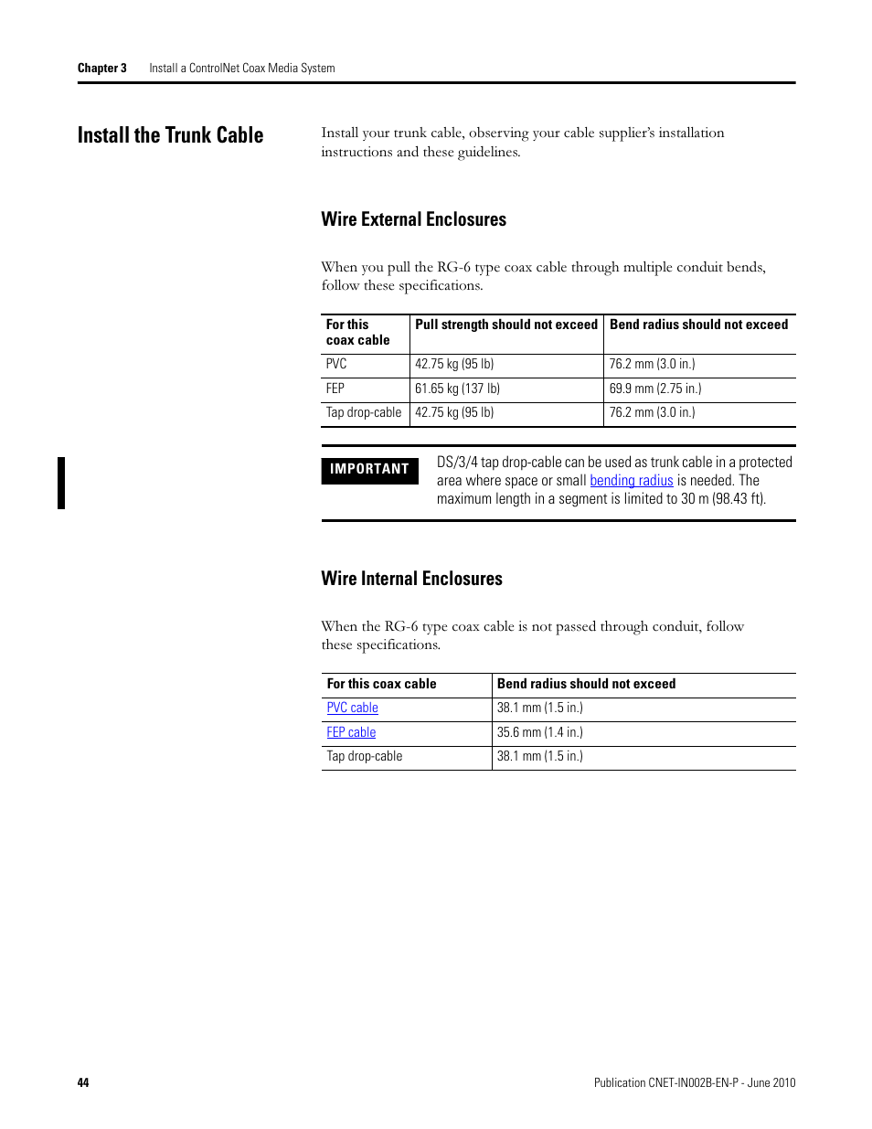 Install the trunk cable, Wire external enclosures, Wire internal enclosures | Rockwell Automation 1786-series ControlNet Coax Media Planning and Installation Guide User Manual | Page 44 / 80