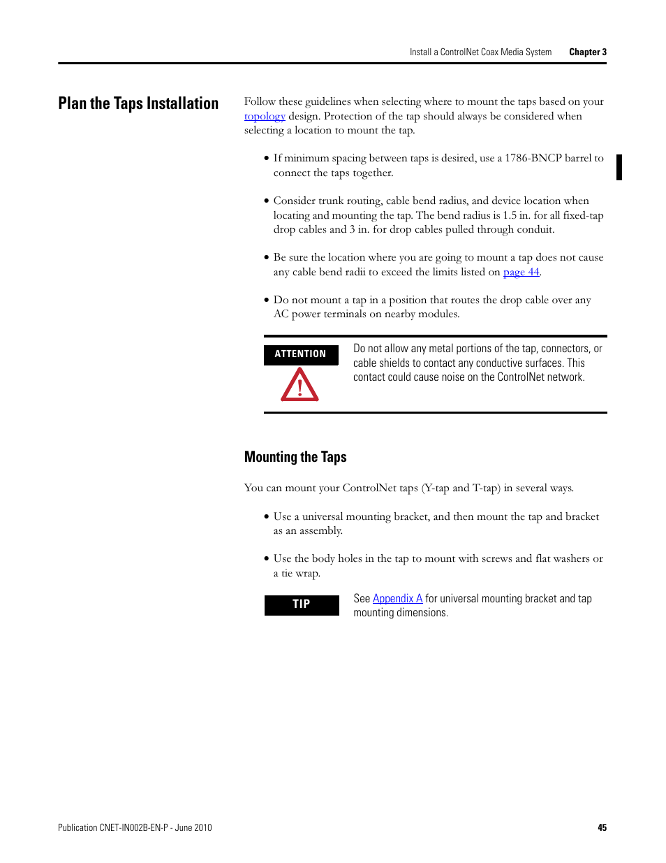 Plan the taps installation, Chapter 3, Mounting the taps | Rockwell Automation 1786-series ControlNet Coax Media Planning and Installation Guide User Manual | Page 45 / 80