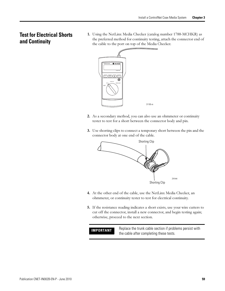 Test for electrical shorts and continuity | Rockwell Automation 1786-series ControlNet Coax Media Planning and Installation Guide User Manual | Page 59 / 80