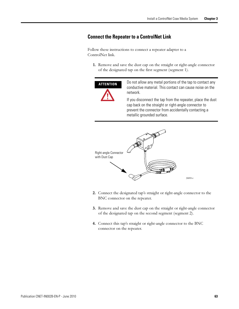 Connect the repeater to a controlnet link | Rockwell Automation 1786-series ControlNet Coax Media Planning and Installation Guide User Manual | Page 63 / 80